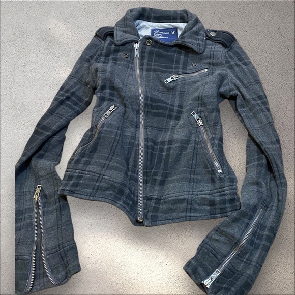 !! SOLD DO NOT BUY !!American Eagle Outfitters Dark Grey Plaid Moto Biker Jacket - Picture 7 of 7
